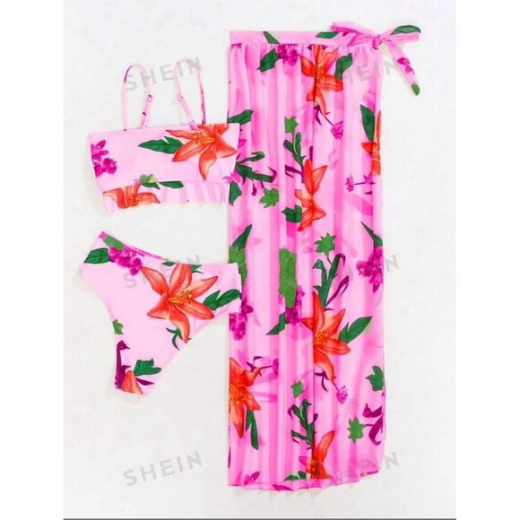Shein Women's XL Pink Tropical Floral 3 Piece Swimwear Set with Cover-Up Skirt - Picture 2 of 5